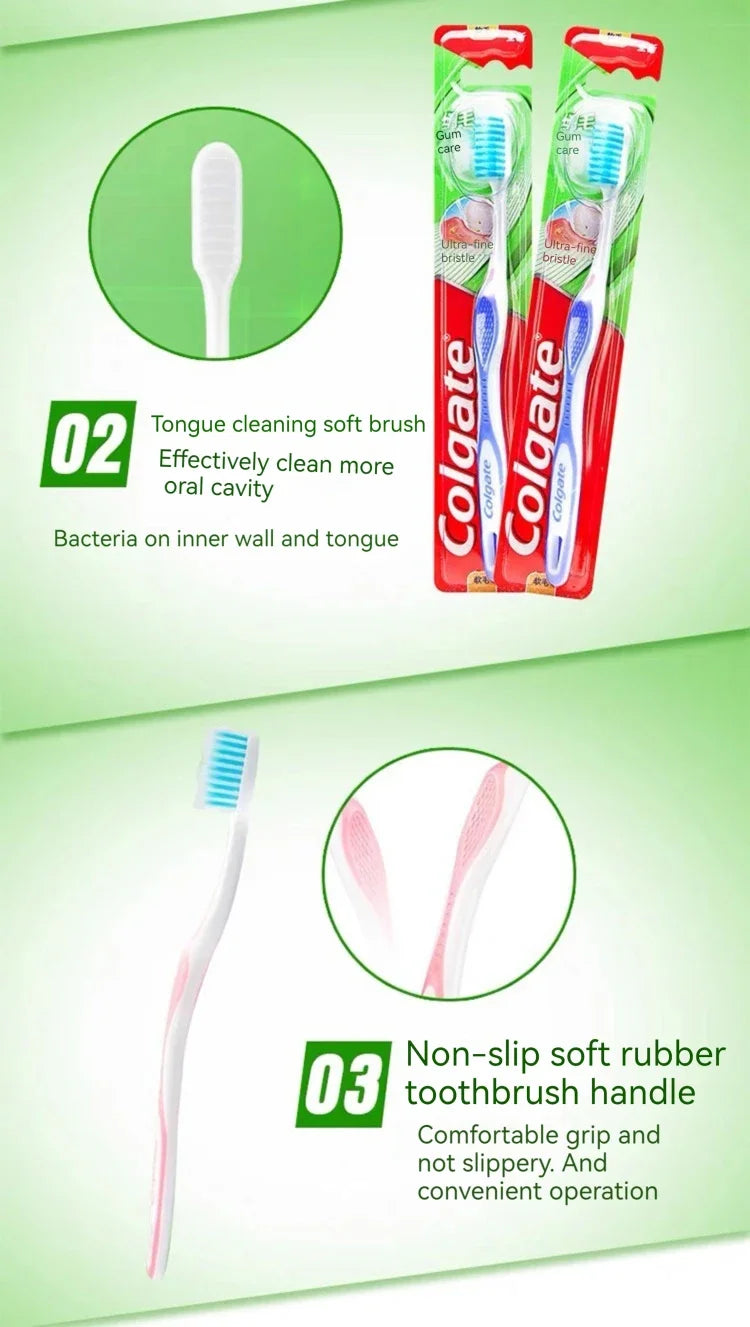 Image showing Colgate soft brush packaging and a pink toothbrush, highlighting tongue cleaning and non-slip handle features.