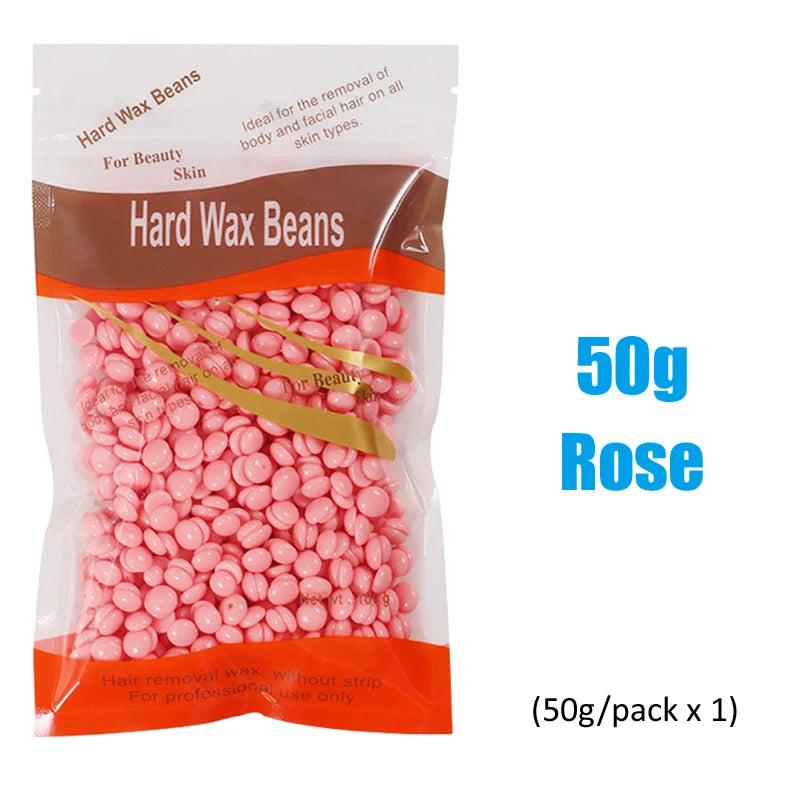 A package of 50g Hard Wax Beans in pink, intended for the removal of body and facial hair.