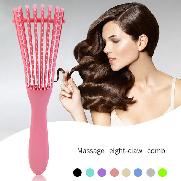 A pink massage eight-claw comb is shown next to a woman with long brown hair, demonstrating its use for hair care.
