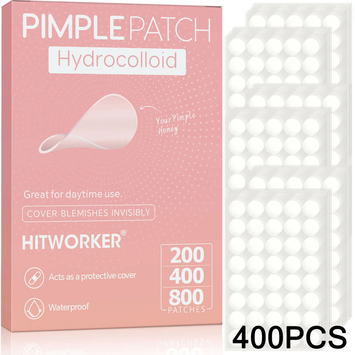 Box of Pimple Patch Hydrocolloid acne spot patches in pink packaging with various pack sizes