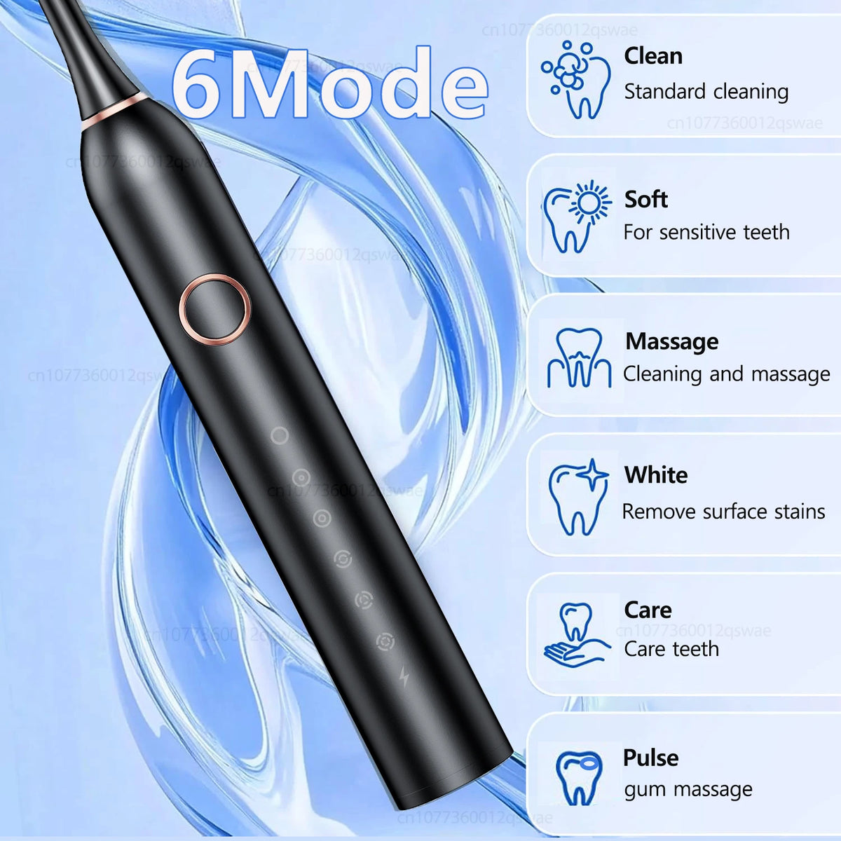 Cepillo eléctrico recargable negro con múltiples modos de limpieza contra un fondo azul fluido.
