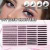 DIY lash clusters for eyelash extensions shown alongside a model's eye and various curl options.