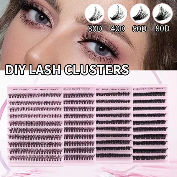 DIY lash clusters for eyelash extensions shown alongside a model's eye and various curl options.