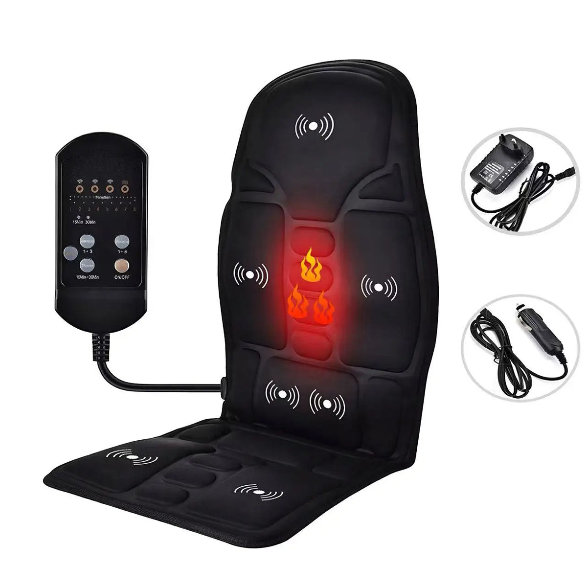 A black electric massage cushion with heat and vibration features is shown alongside its power cord.