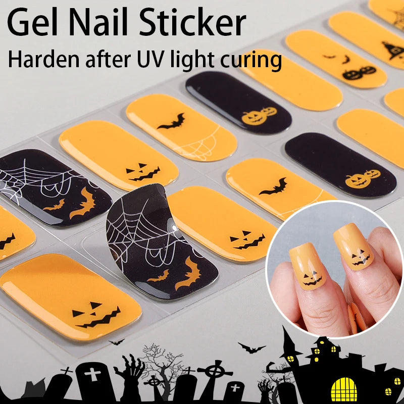 A collection of Halloween themed gel nail stickers in various colors and designs, ready for UV light curing.