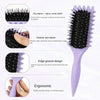 A purple tangle-free curly hair styling comb with a flexible handle and edge groove design.