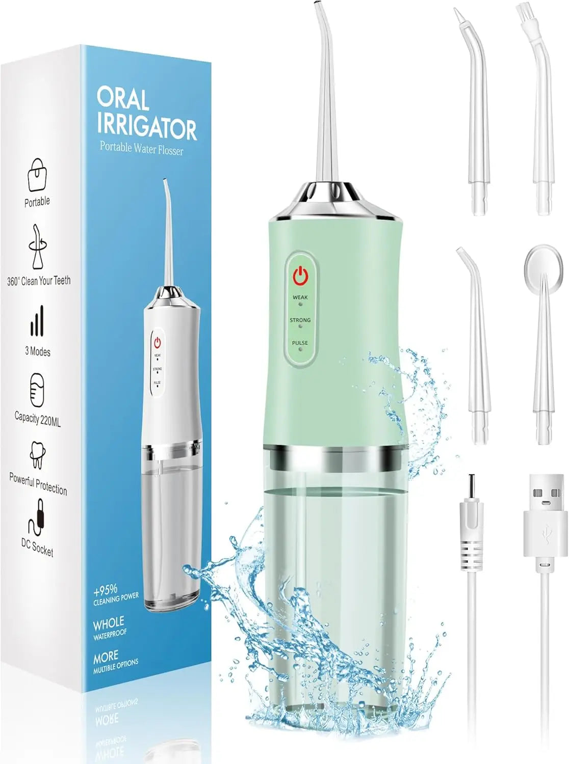 A portable electric water flosser in light green and silver is shown with various tips and accessories.