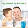 A smiling man and a child are shown brushing their teeth with bamboo toothbrushes in a bright bathroom setting.