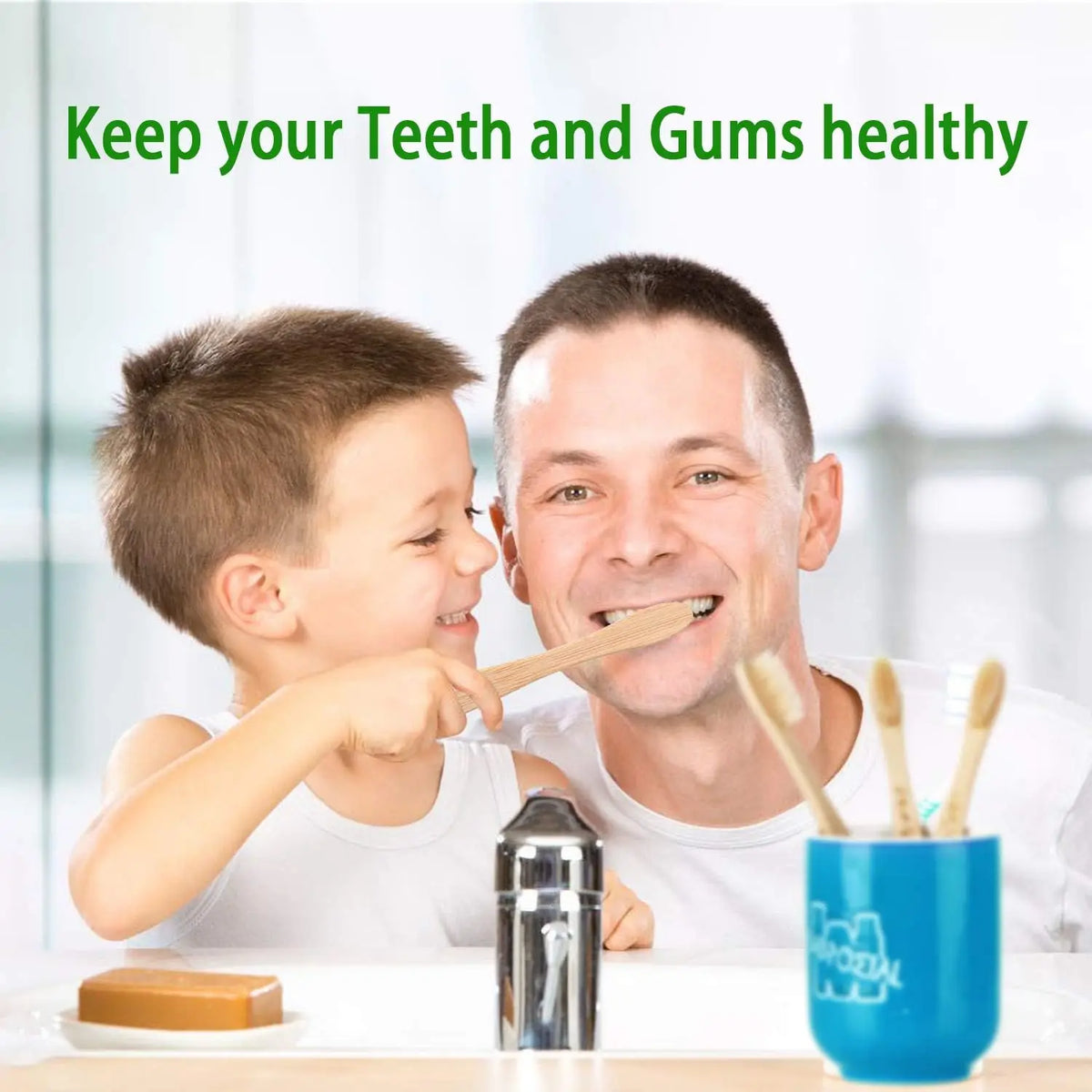 A smiling man and a child are shown brushing their teeth with bamboo toothbrushes in a bright bathroom setting.