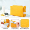Yellow waterproof PU leather makeup bag featuring a trendy color block design and reinforced edges.