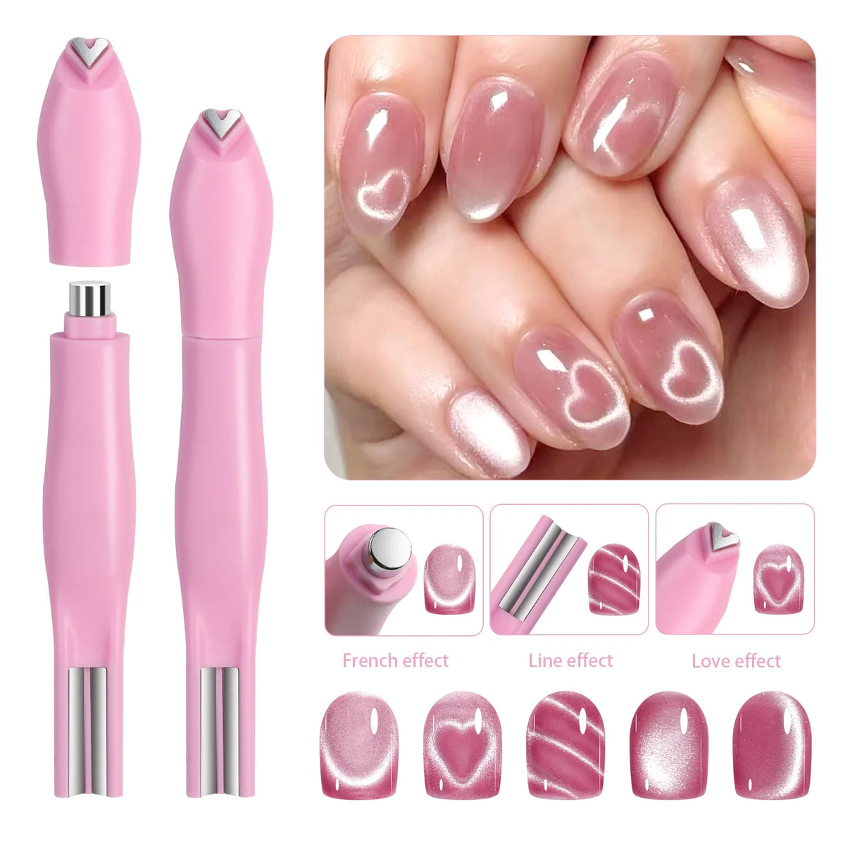 Un set de trois outils pour ongles roses comprenant un écarteur de cuticules, une lime et un aimant pour créer des effets fra