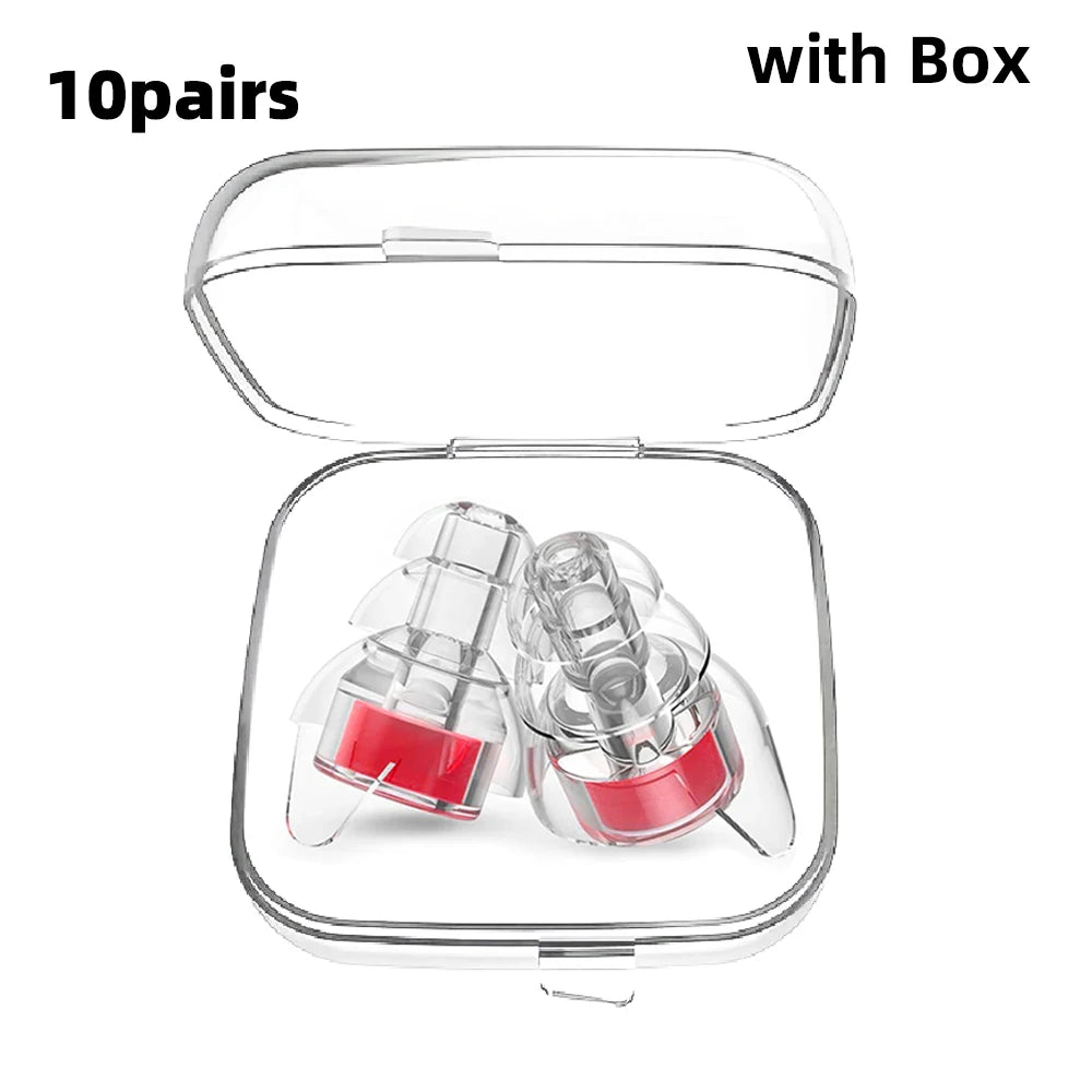 Ten pairs of high fidelity silicone earplugs with a clear storage box.