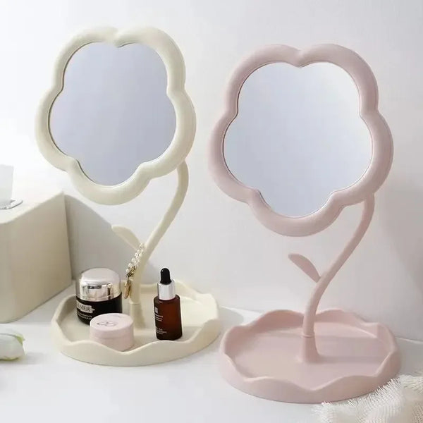 A pink aesthetic desktop flower mirror with a white stand and vanity tray.
