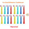 A set of 16 replacement brush heads for Oral-B electric toothbrushes in various colors like yellow, blue, and red.
