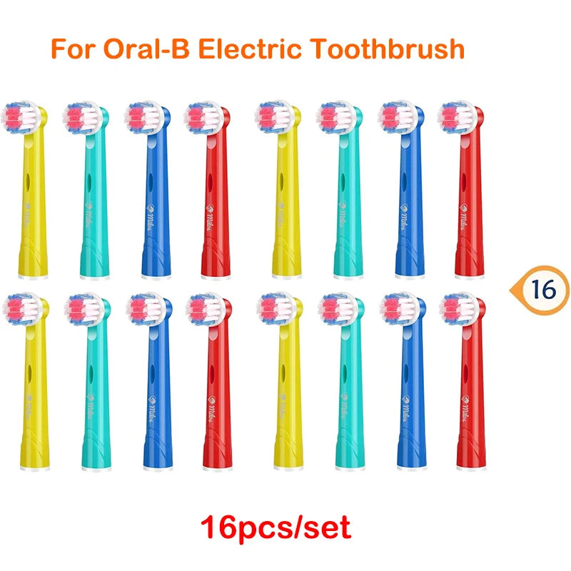 A set of 16 replacement brush heads for Oral-B electric toothbrushes in various colors like yellow, blue, and red.