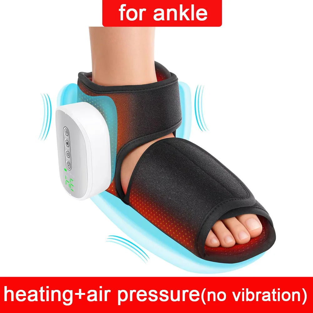 A black pneumatic ankle and foot massager device is shown being used on an ankle.