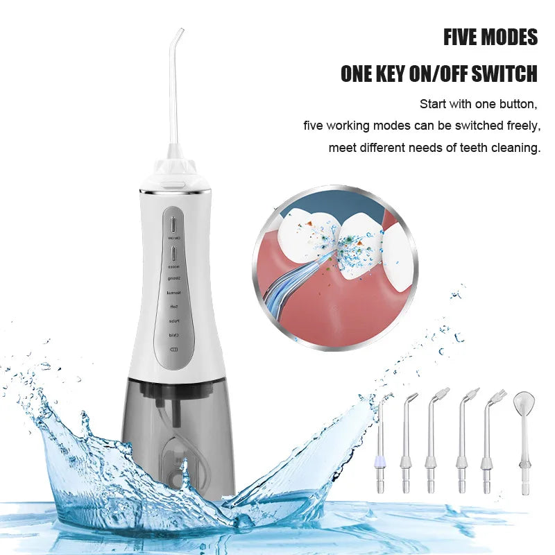 A white portable water flosser device is shown with a close-up of its head and surrounding water spray.