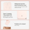A pink foldable LED makeup mirror shown next to a handbag, highlighting its waterproof cover and Type-C charging features.