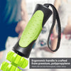 A close-up of a black and lime green manual muscle roller stick with an ergonomic handle made from polypropylene.