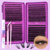 A purple DIY cluster lashes kit with a pink tool and several lash extensions shown next to an eye.
