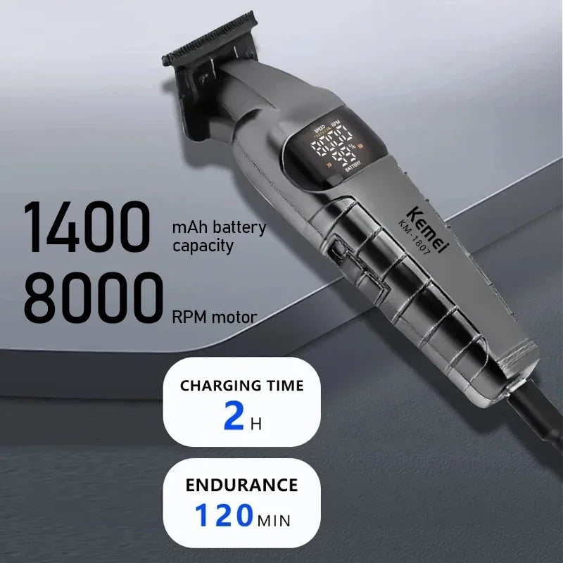 A silver cordless hair trimmer with a Kemel KM-1807 battery and specifications for capacity, charging time, and endurance.