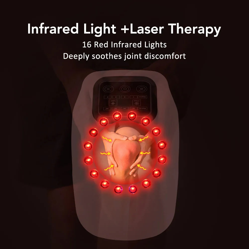 An infrared knee massager device showing red lights targeting the knee area for joint discomfort relief.