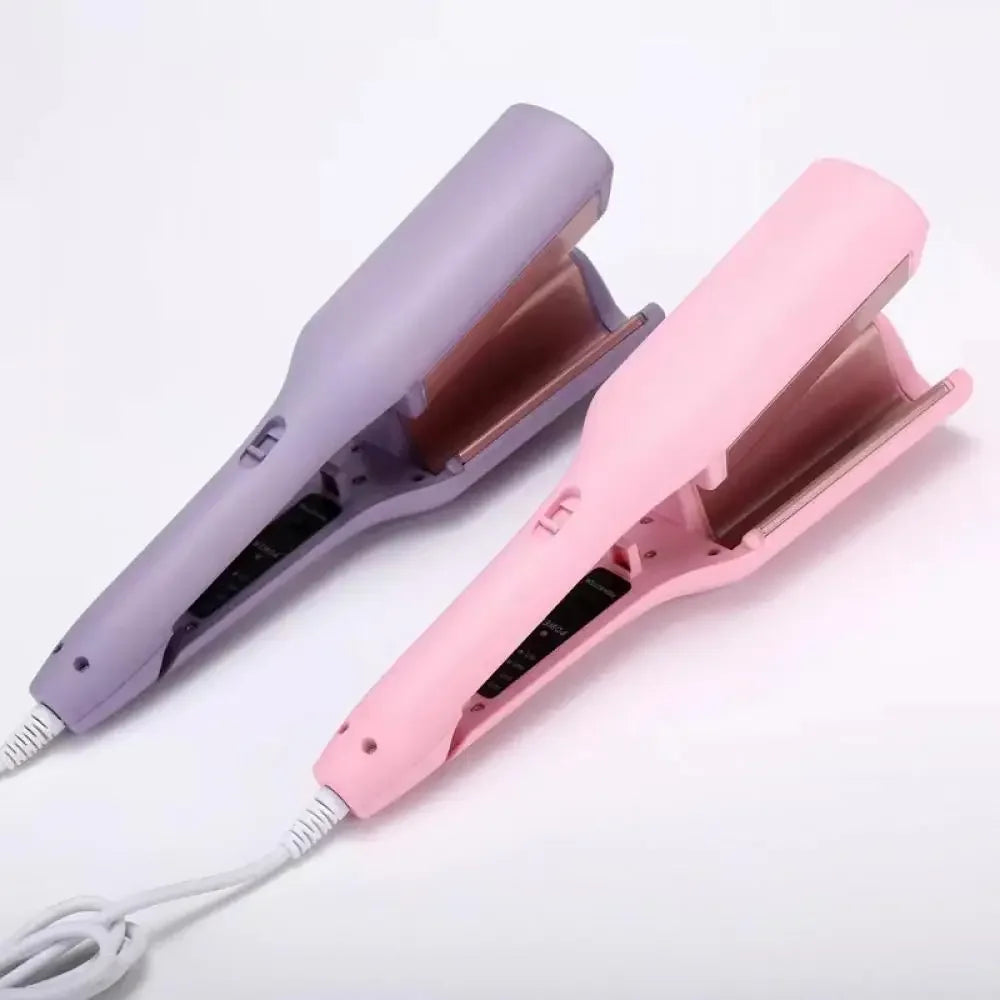 A pair of professional ceramic hair curling irons in lavender and pink colors.
