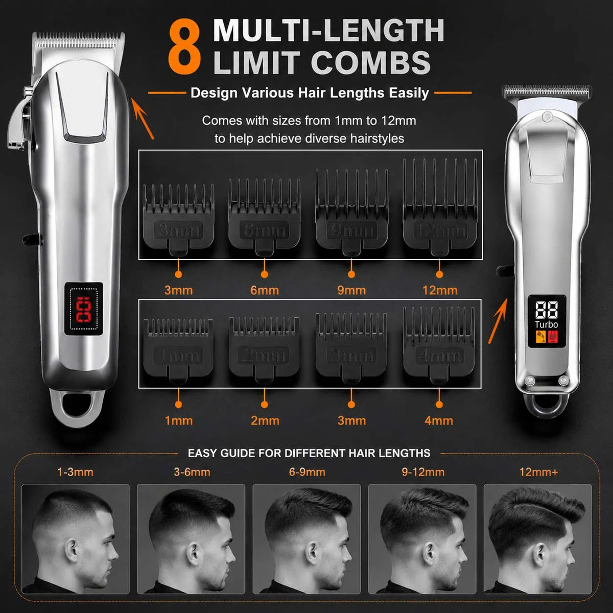 A set of eight multi-length hair combs and attachments for a professional cordless hair clipper, showing various sizes from 1