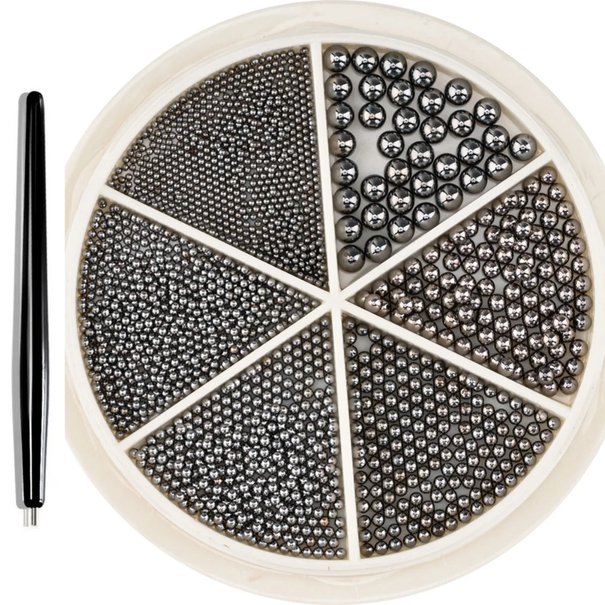 A circular display of gold mixed stainless steel bead nail art decorations arranged in radial sections.