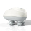 A white rechargeable electric handheld scalp massager with multiple silicone massage tips.