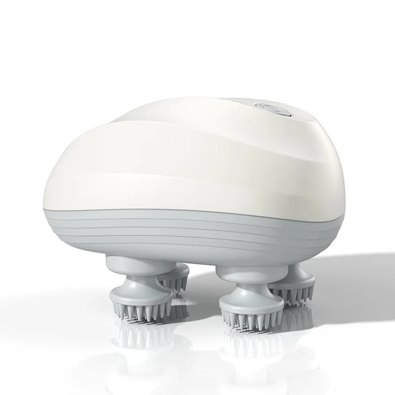 A white rechargeable electric handheld scalp massager with multiple silicone massage tips.
