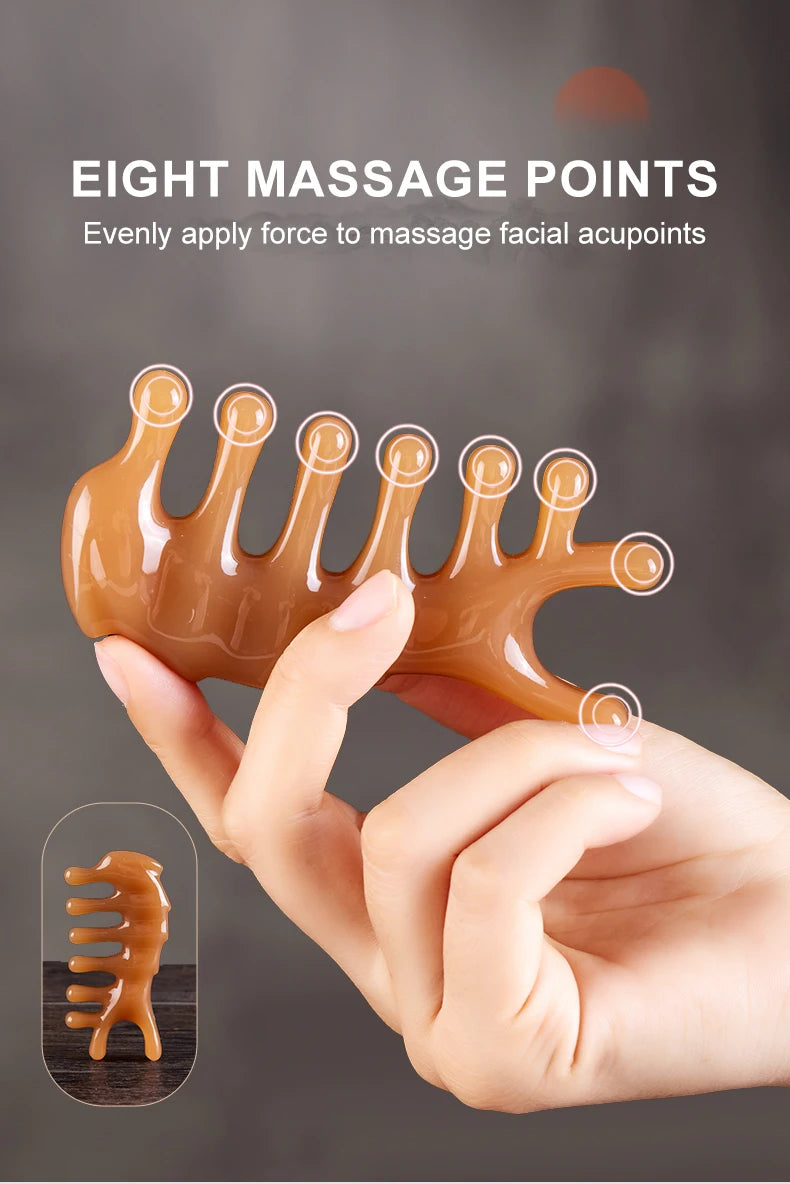 A hand is applying pressure to an eight-point facial massage tool, demonstrating even force application.
