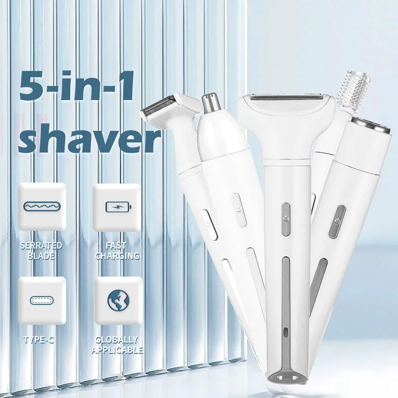 A white 5-in-1 shaver with multiple attachments shown against a light blue background.