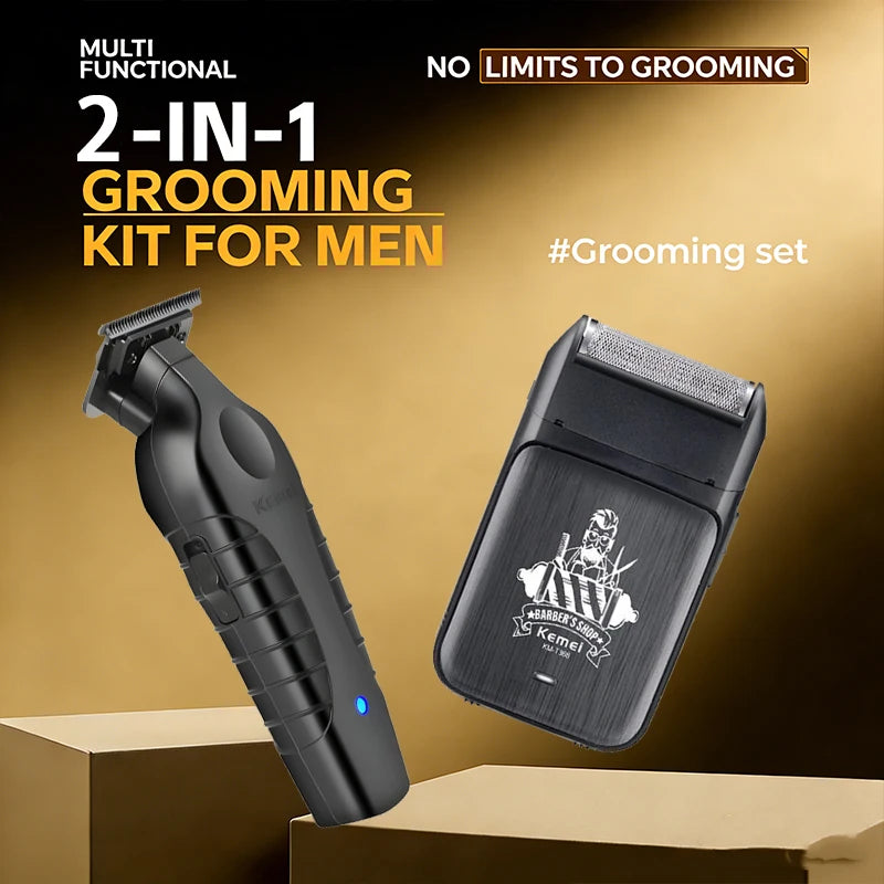 A black 2-in-1 grooming kit for men featuring a hair trimmer and a shaver set displayed on a wooden surface.