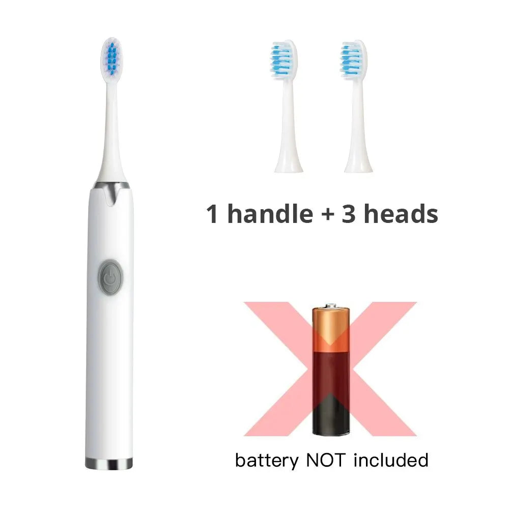 A white sonic electric toothbrush handle and three replacement brush heads are shown with a battery not included.