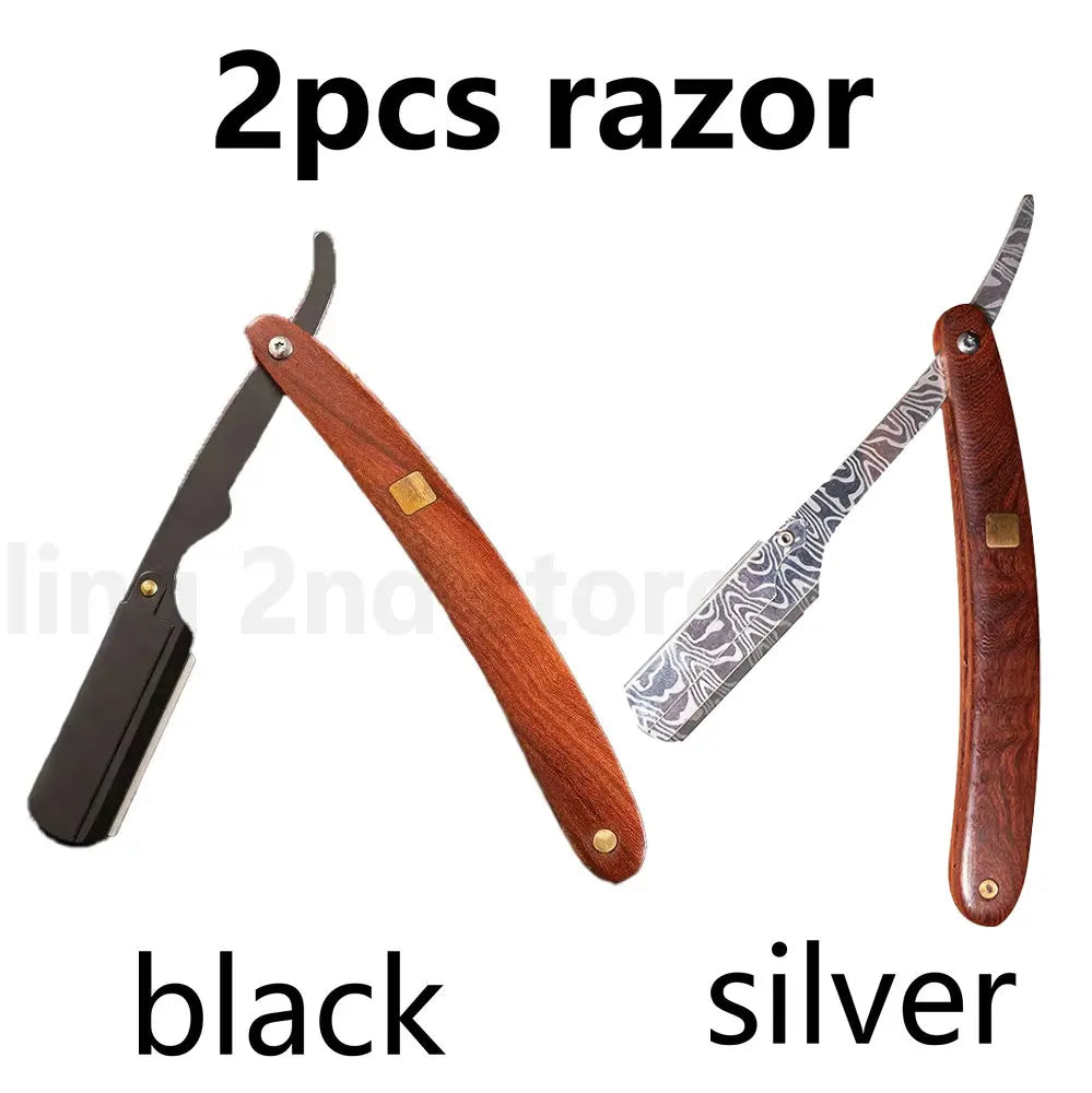 Two razor blades with wood handles in black and silver colors.