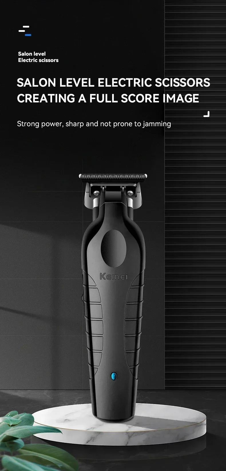 A black salon level electric scissor is displayed vertically on a white marble stand.