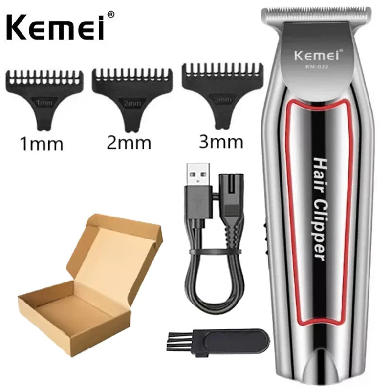 A set of Kemei electric hair clippers with various guard sizes and an included trimmer head.