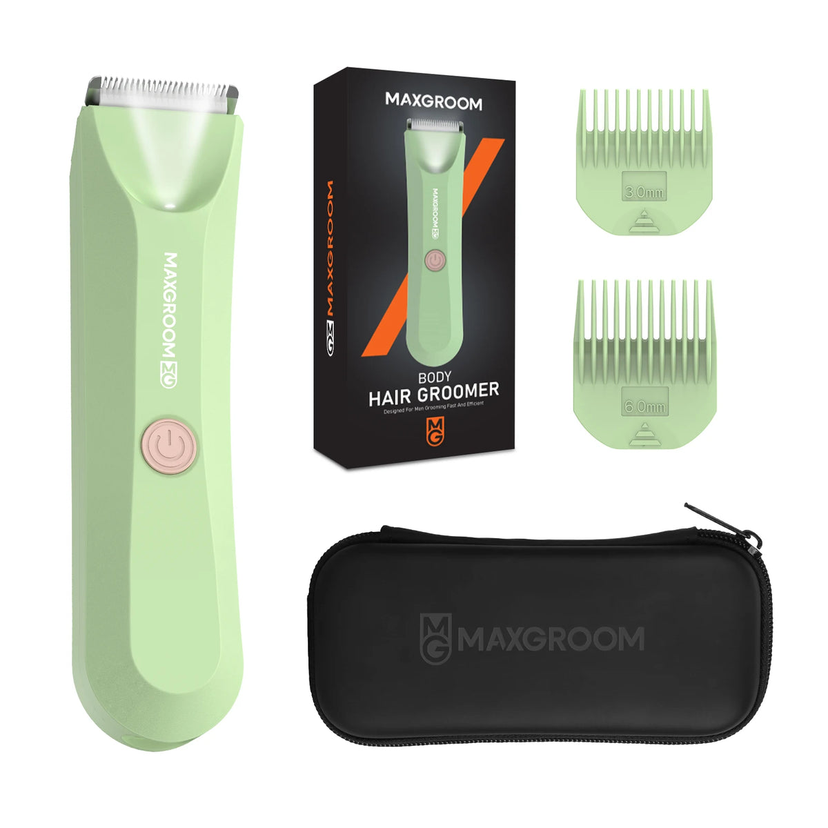 A Maxgroom body hair groomer in light green with a protective case and replacement blades shown.