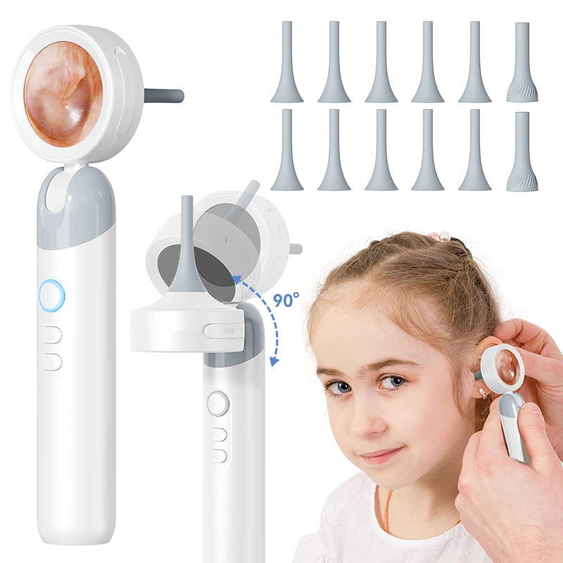 A girl is using a portable HD pet and child inspection camera to examine her ear.