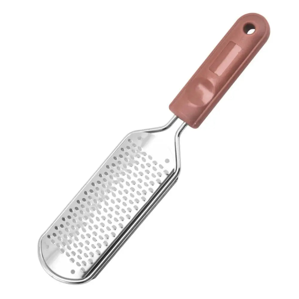 Stainless steel foot file with a pink handle for callus removal