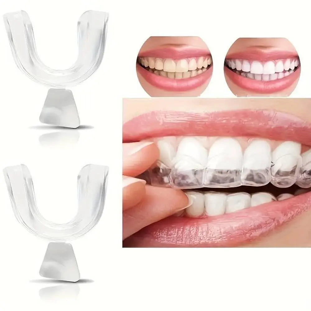 Clear silicone mouth guards shown in various forms, including a tray and a curved piece, for teeth protection.