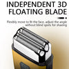 Close-up of an independent 3D floating blade beard shaver with a silver and gold body.