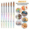 A set of six iridescent and colored acrylic nail brushes for professional nail art and painting.