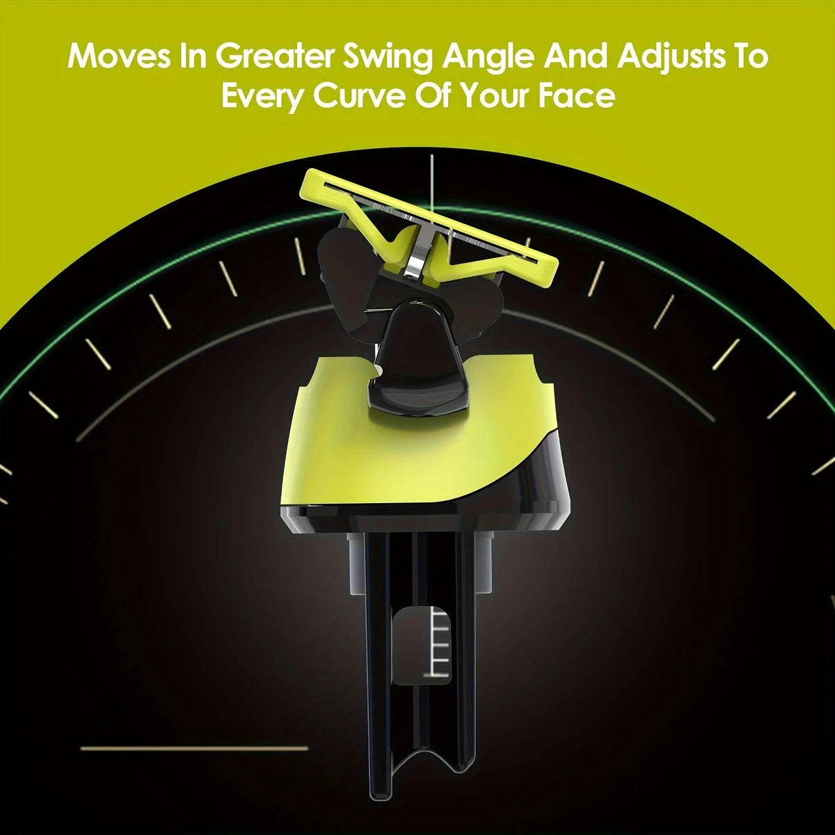 A yellow and black precision replacement blade is shown mounted on a trimmer head against a dark background.