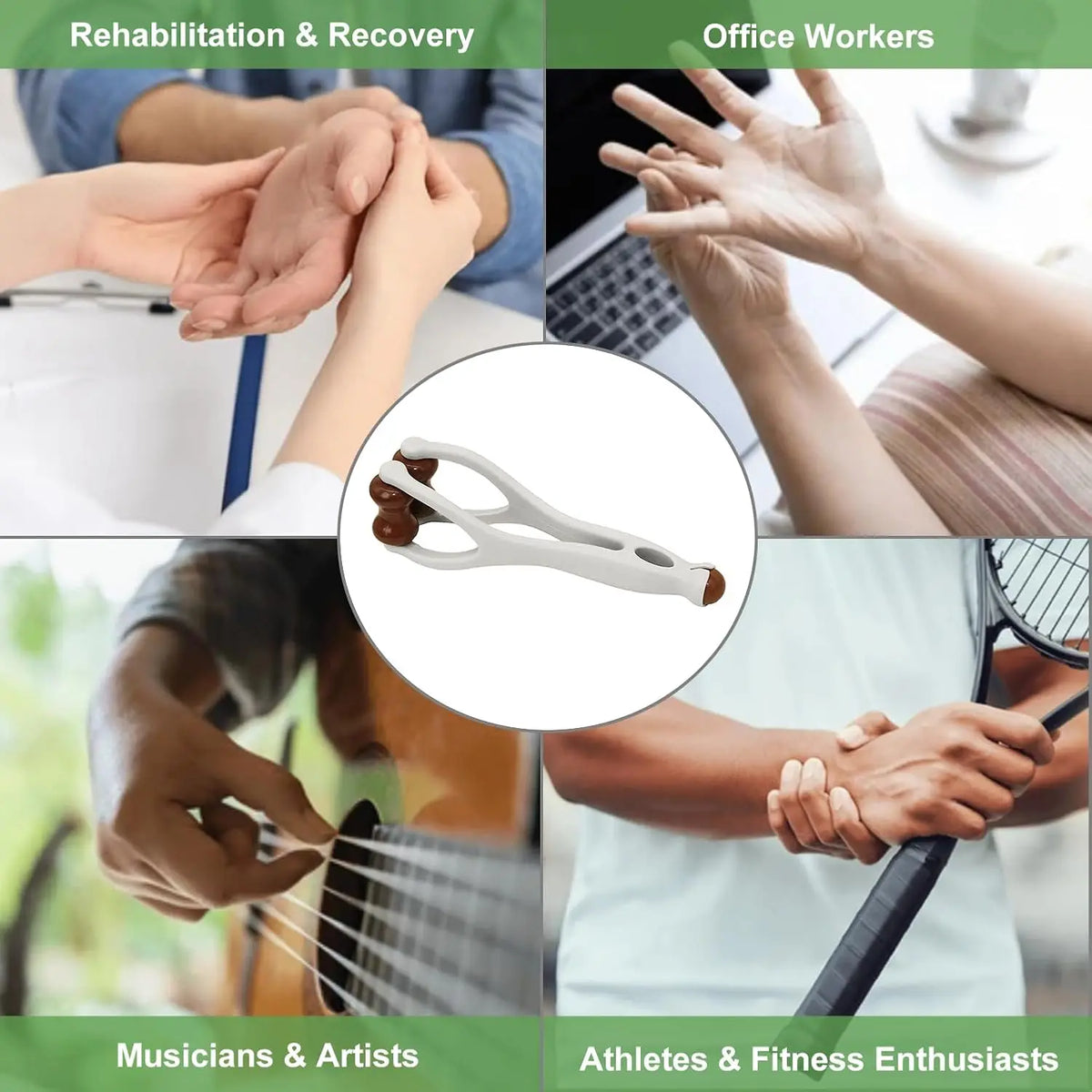 A white dual-row finger massage roller is shown in a circular inset, with surrounding images depicting various users like off