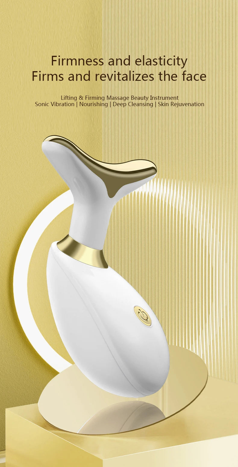 A white electric facial lifting and firming massager is displayed on a gold-colored stand.