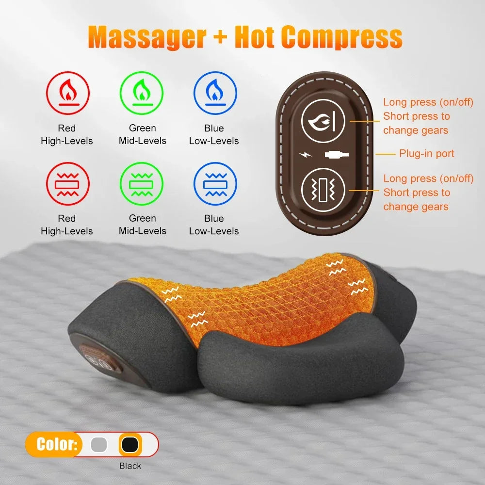 An electric cervical neck massager with interchangeable red, green, and blue heat levels shown on a gray surface.
