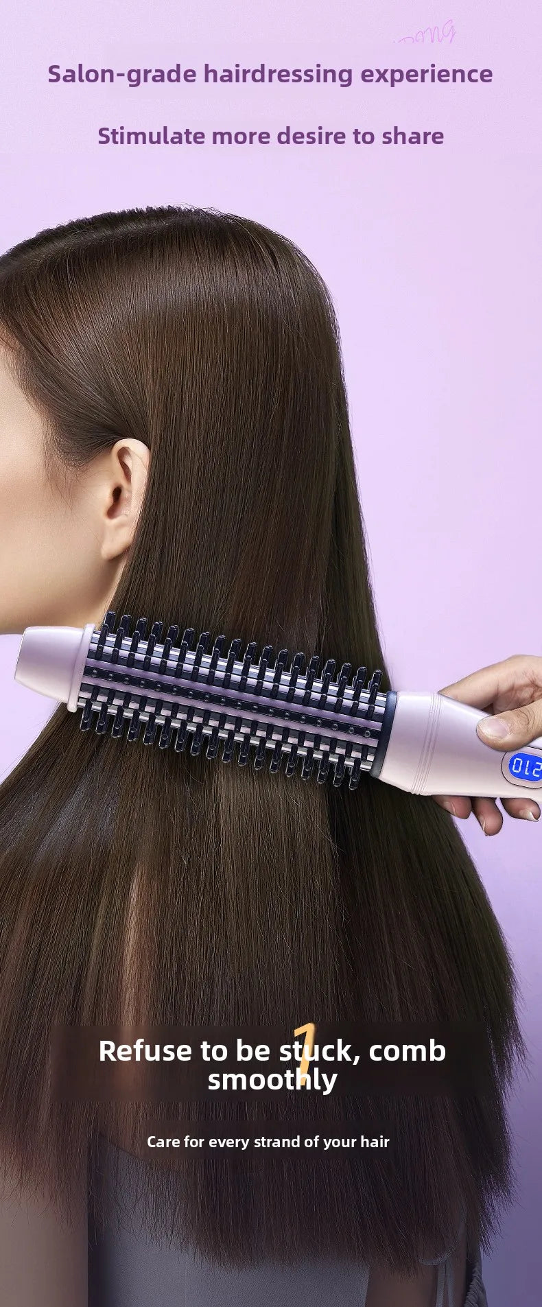 Primer plano de cabello oscuro siendo peinado con un cepillo térmico profesional para suavizar y cuidar.