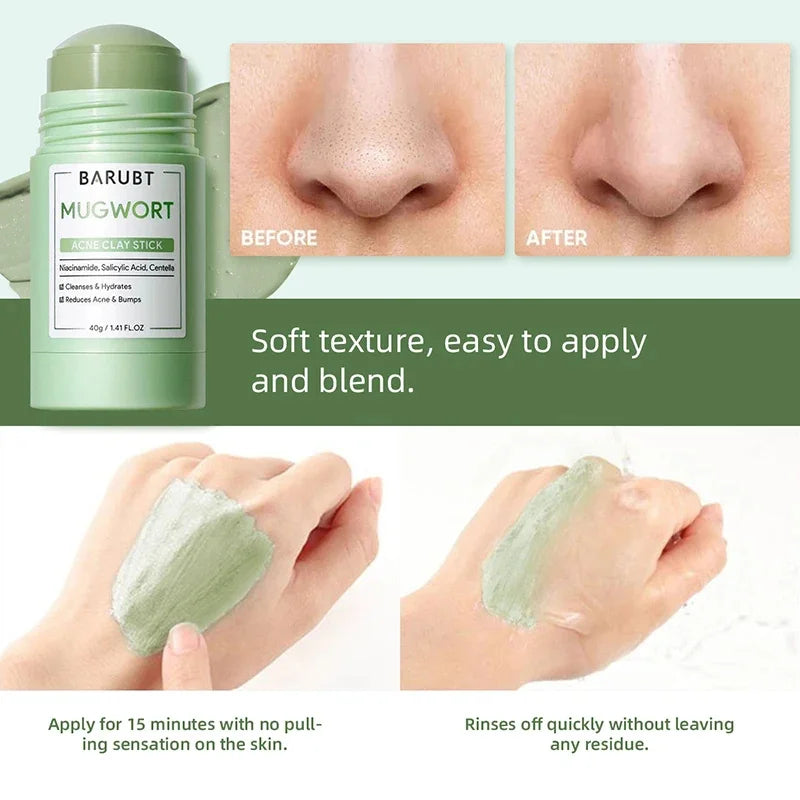 A stick of Mugwort acne clay mask is shown next to before and after images demonstrating its application and texture.